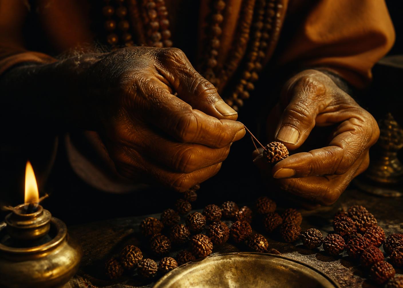 Devotee hands stringing rudraksha beads by lamplight
