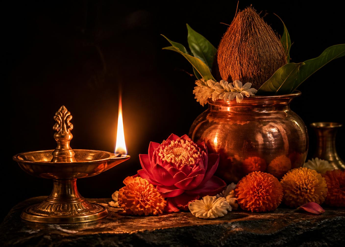 Brass diya, copper kalasha and flowers arranged for a consecration ritual